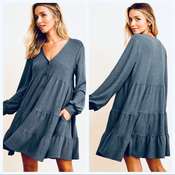#14 The Perfect Dress! Textured Solid Long Sleeves Tiered Dress - Picture 2 of 3